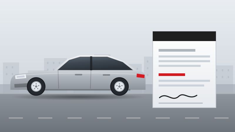 Illustration eines Fahrzeugs neben einem Finanzierungsvertrag mit Unterschriftsfeld
