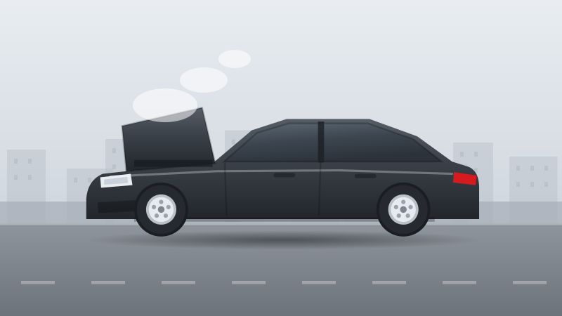 Illustration eines Fahrzeugs mit geöffneter Motorhaube und austretendem Dampf