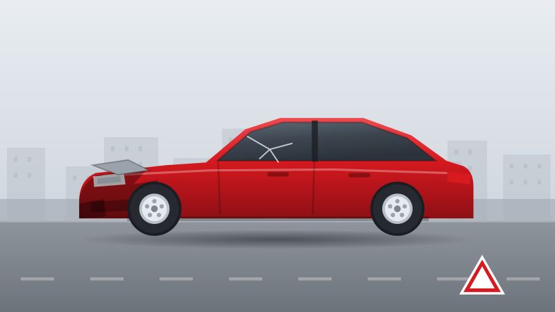 Illustration einer Limousine mit deutlichem Frontschaden und Warndreieck am Fahrbahnrand