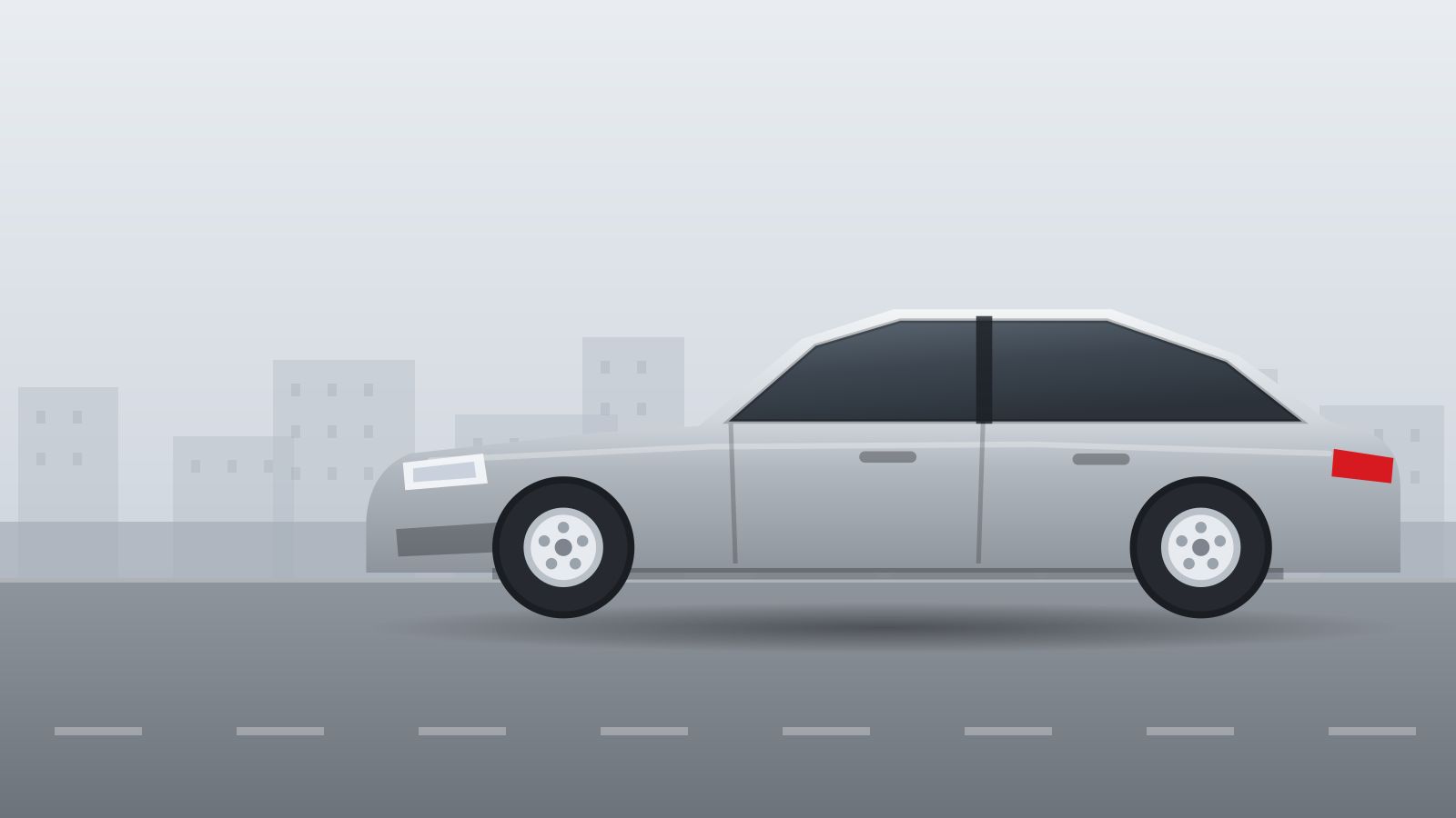 Illustration einer silbernen Limousine auf einer Straße vor angedeuteter Stadtkulisse