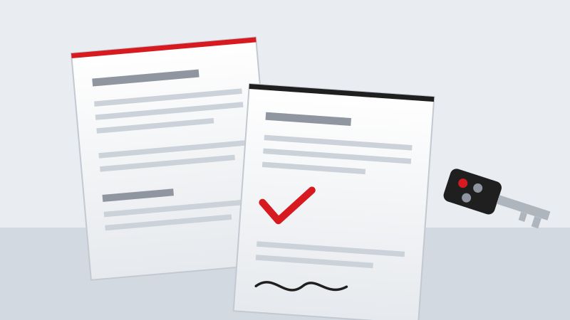 Illustration zweier Fahrzeugdokumente mit Unterschriftsfeld und einem Fahrzeugschlüssel